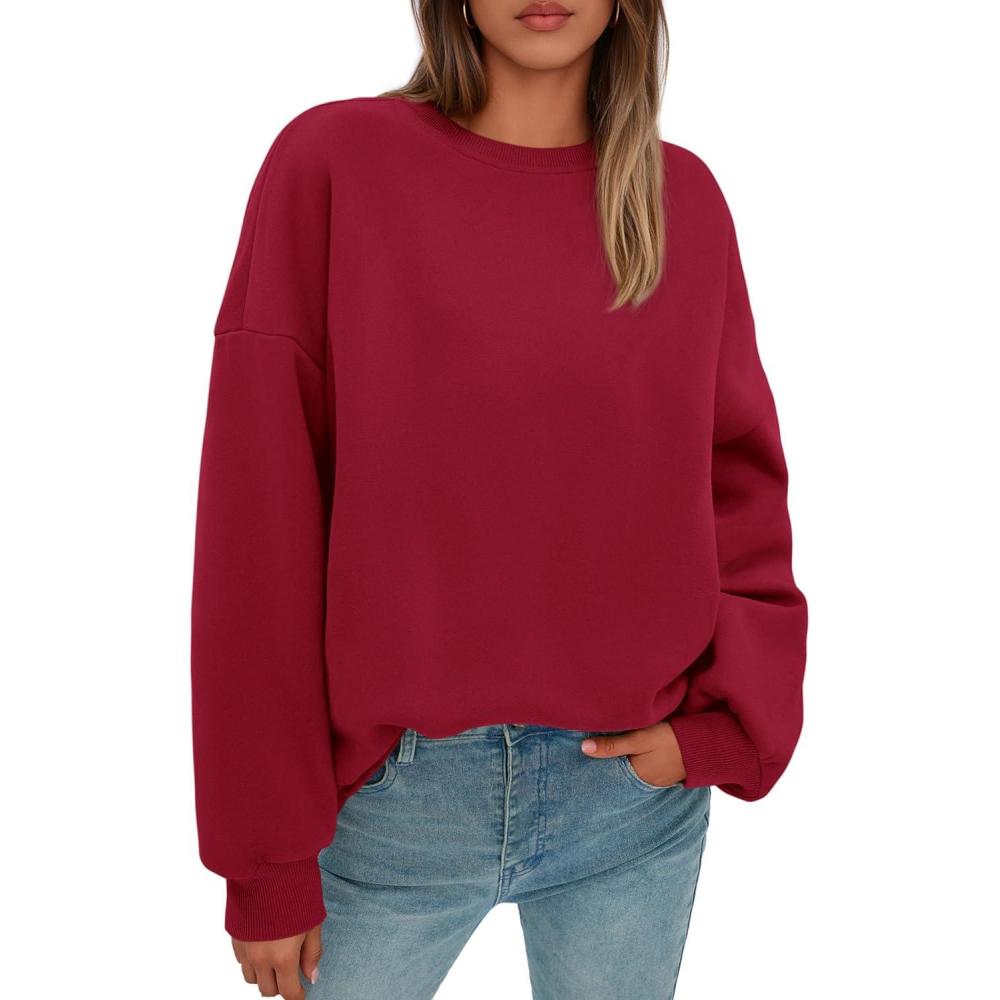 imagePRETTYGARDEN Sweatshirts for Women Oversized Crewneck Fleece Pullover Long Sleeve Tops Comfy 2025 Fall Winter Fashion OutfitsRed