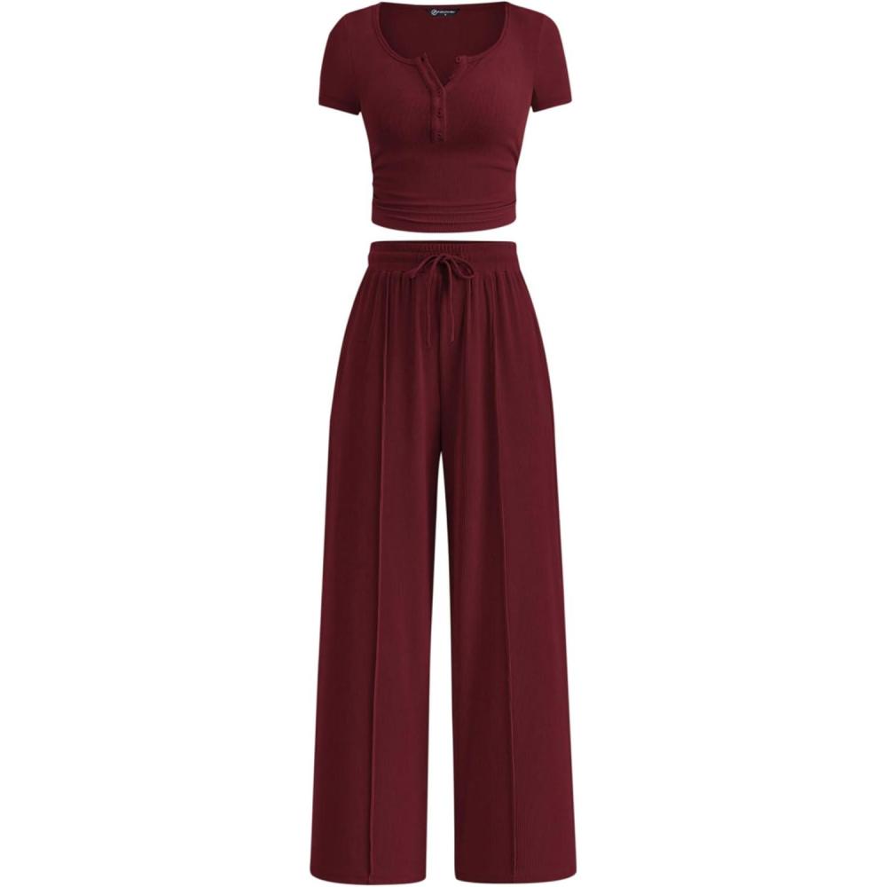 imagePRETTYGARDEN Womens 2 Piece Outfits Summer 2025 Ribbed Knit Button Short Sleeve Tops Casual Wide Leg Pants Lounge SetsWine Red