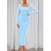 imagePRETTYGARDEN Fall Wedding Guest Dresses for Women 2025 Ruched Bodycon Midi Long Sleeve Formal Cocktail DressLight Blue