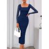 imagePRETTYGARDEN Fall Wedding Guest Dresses for Women 2025 Ruched Bodycon Midi Long Sleeve Formal Cocktail DressNavy Blue