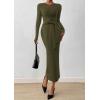imagePRETTYGARDEN Women 2025 Semi Formal Midi Dresses Long Sleeve Bodycon Tie Waist Slit Wedding Guest Cocktail Fall Fashion DressArmy Green