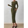 imagePRETTYGARDEN Women 2025 Semi Formal Midi Dresses Long Sleeve Bodycon Tie Waist Slit Wedding Guest Cocktail Fall Fashion DressArmy Green