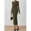 imagePRETTYGARDEN Women 2025 Semi Formal Midi Dresses Long Sleeve Bodycon Tie Waist Slit Wedding Guest Cocktail Fall Fashion DressArmy Green