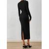 imagePRETTYGARDEN Women 2025 Semi Formal Midi Dresses Long Sleeve Bodycon Tie Waist Slit Wedding Guest Cocktail Fall Fashion DressBlack