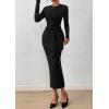 imagePRETTYGARDEN Women 2025 Semi Formal Midi Dresses Long Sleeve Bodycon Tie Waist Slit Wedding Guest Cocktail Fall Fashion DressBlack