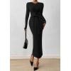 imagePRETTYGARDEN Women 2025 Semi Formal Midi Dresses Long Sleeve Bodycon Tie Waist Slit Wedding Guest Cocktail Fall Fashion DressBlack