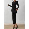 imagePRETTYGARDEN Women 2025 Semi Formal Midi Dresses Long Sleeve Bodycon Tie Waist Slit Wedding Guest Cocktail Fall Fashion DressBlack