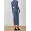 imagePRETTYGARDEN Women 2025 Semi Formal Midi Dresses Long Sleeve Bodycon Tie Waist Slit Wedding Guest Cocktail Fall Fashion DressDusty Blue