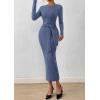 imagePRETTYGARDEN Women 2025 Semi Formal Midi Dresses Long Sleeve Bodycon Tie Waist Slit Wedding Guest Cocktail Fall Fashion DressDusty Blue