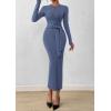 imagePRETTYGARDEN Women 2025 Semi Formal Midi Dresses Long Sleeve Bodycon Tie Waist Slit Wedding Guest Cocktail Fall Fashion DressDusty Blue