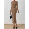 imagePRETTYGARDEN Women 2025 Semi Formal Midi Dresses Long Sleeve Bodycon Tie Waist Slit Wedding Guest Cocktail Fall Fashion DressKhaki