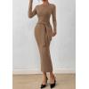 imagePRETTYGARDEN Women 2025 Semi Formal Midi Dresses Long Sleeve Bodycon Tie Waist Slit Wedding Guest Cocktail Fall Fashion DressKhaki