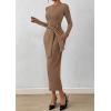 imagePRETTYGARDEN Women 2025 Semi Formal Midi Dresses Long Sleeve Bodycon Tie Waist Slit Wedding Guest Cocktail Fall Fashion DressKhaki