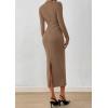 imagePRETTYGARDEN Women 2025 Semi Formal Midi Dresses Long Sleeve Bodycon Tie Waist Slit Wedding Guest Cocktail Fall Fashion DressKhaki