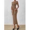 imagePRETTYGARDEN Women 2025 Semi Formal Midi Dresses Long Sleeve Bodycon Tie Waist Slit Wedding Guest Cocktail Fall Fashion DressKhaki