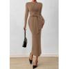 imagePRETTYGARDEN Women 2025 Semi Formal Midi Dresses Long Sleeve Bodycon Tie Waist Slit Wedding Guest Cocktail Fall Fashion DressKhaki