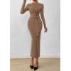 imagePRETTYGARDEN Women 2025 Semi Formal Midi Dresses Long Sleeve Bodycon Tie Waist Slit Wedding Guest Cocktail Fall Fashion DressKhaki