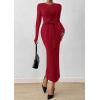 imagePRETTYGARDEN Women 2025 Semi Formal Midi Dresses Long Sleeve Bodycon Tie Waist Slit Wedding Guest Cocktail Fall Fashion DressRed