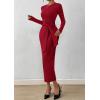 imagePRETTYGARDEN Women 2025 Semi Formal Midi Dresses Long Sleeve Bodycon Tie Waist Slit Wedding Guest Cocktail Fall Fashion DressRed