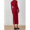 imagePRETTYGARDEN Women 2025 Semi Formal Midi Dresses Long Sleeve Bodycon Tie Waist Slit Wedding Guest Cocktail Fall Fashion DressRed