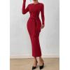 imagePRETTYGARDEN Women 2025 Semi Formal Midi Dresses Long Sleeve Bodycon Tie Waist Slit Wedding Guest Cocktail Fall Fashion DressRed