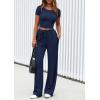 imagePRETTYGARDEN Womens 2 Piece Outfits Summer 2025 Ribbed Knit Button Short Sleeve Tops Casual Wide Leg Pants Lounge SetsNavy