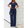 imagePRETTYGARDEN Womens 2 Piece Outfits Summer 2025 Ribbed Knit Button Short Sleeve Tops Casual Wide Leg Pants Lounge SetsNavy