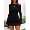 imagePRETTYGARDEN Womens 2025 Fall Off The Shoulder Dresses Casual Long Sleeve Ruched Side Slit Cocktail Party Bodycon Mini DressBlack