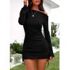 imagePRETTYGARDEN Womens 2025 Fall Off The Shoulder Dresses Casual Long Sleeve Ruched Side Slit Cocktail Party Bodycon Mini DressBlack