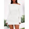 imagePRETTYGARDEN Womens 2025 Fall Off The Shoulder Dresses Casual Long Sleeve Ruched Side Slit Cocktail Party Bodycon Mini DressWhite