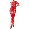 imagePRETTYGARDEN Fall Dresses for Women 2025 Long Sleeve Floral Mesh Sexy Bodycon Homecoming Wedding Guest Cocktail Maxi DressBrick Red Floral