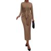imagePRETTYGARDEN Women 2025 Semi Formal Midi Dresses Long Sleeve Bodycon Tie Waist Slit Wedding Guest Cocktail Fall Fashion DressKhaki