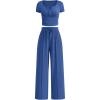 imagePRETTYGARDEN Womens 2 Piece Outfits Summer 2025 Ribbed Knit Button Short Sleeve Tops Casual Wide Leg Pants Lounge SetsBlue