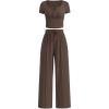 imagePRETTYGARDEN Womens 2 Piece Outfits Summer 2025 Ribbed Knit Button Short Sleeve Tops Casual Wide Leg Pants Lounge SetsCoffee