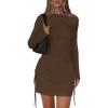 imagePRETTYGARDEN Womens 2025 Fall Off The Shoulder Dresses Casual Long Sleeve Ruched Side Slit Cocktail Party Bodycon Mini DressBrown
