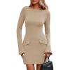 imagePRETTYGARDEN Womens Fall Long Sleeve Mini Dress 2025 Trendy Boat Neck Bodycon Knit Elegant Short Party Formal DressesKhaki