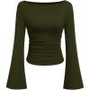 imagePRETTYGARDEN Womens Long Sleeve Shirts 2025 Fall Going Out Tops Casual Boat Neck Bell Sleeve Ribbed Ruched Y2K ClothesArmy Green