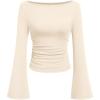 imagePRETTYGARDEN Womens Long Sleeve Shirts 2025 Fall Going Out Tops Casual Boat Neck Bell Sleeve Ribbed Ruched Y2K ClothesBeige
