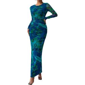 imagePRETTYGARDEN Fall Dresses for Women 2025 Long Sleeve Floral Mesh Sexy Bodycon Homecoming Wedding Guest Cocktail Maxi DressGreen Floral
