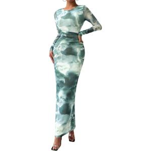 imagePRETTYGARDEN Fall Dresses for Women 2025 Long Sleeve Floral Mesh Sexy Bodycon Homecoming Wedding Guest Cocktail Maxi DressGrey Green Floral