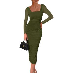 imagePRETTYGARDEN Fall Wedding Guest Dresses for Women 2025 Ruched Bodycon Midi Long Sleeve Formal Cocktail DressArmy Green