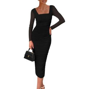 imagePRETTYGARDEN Fall Wedding Guest Dresses for Women 2025 Ruched Bodycon Midi Long Sleeve Formal Cocktail DressBlack