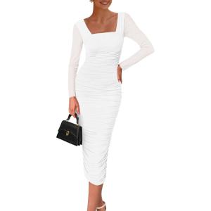 imagePRETTYGARDEN Fall Wedding Guest Dresses for Women 2025 Ruched Bodycon Midi Long Sleeve Formal Cocktail DressWhite