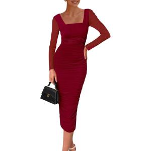 imagePRETTYGARDEN Fall Wedding Guest Dresses for Women 2025 Ruched Bodycon Midi Long Sleeve Formal Cocktail DressWine Red
