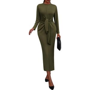 imagePRETTYGARDEN Women 2025 Semi Formal Midi Dresses Long Sleeve Bodycon Tie Waist Slit Wedding Guest Cocktail Fall Fashion DressArmy Green