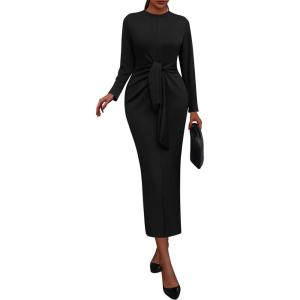 imagePRETTYGARDEN Women 2025 Semi Formal Midi Dresses Long Sleeve Bodycon Tie Waist Slit Wedding Guest Cocktail Fall Fashion DressBlack