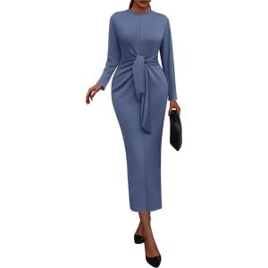 imagePRETTYGARDEN Women 2025 Semi Formal Midi Dresses Long Sleeve Bodycon Tie Waist Slit Wedding Guest Cocktail Fall Fashion DressDusty Blue