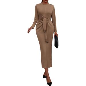 imagePRETTYGARDEN Women 2025 Semi Formal Midi Dresses Long Sleeve Bodycon Tie Waist Slit Wedding Guest Cocktail Fall Fashion DressKhaki