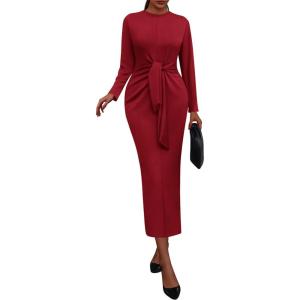 imagePRETTYGARDEN Women 2025 Semi Formal Midi Dresses Long Sleeve Bodycon Tie Waist Slit Wedding Guest Cocktail Fall Fashion DressRed