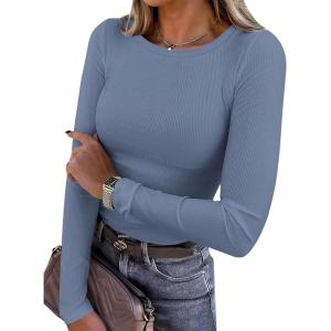 imagePRETTYGARDEN Women 2025 Summer Fall Long Sleeve Shirts Ribbed Crewneck Fitted Basic Tee Going Out Tops Casual Workout OutfitsLight Dusty Blue